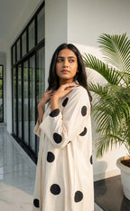 Half White Rayon All-Over Bold Black Dots Print Front Buttons Straight Kurti
