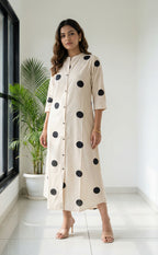 Half White Rayon All-Over Bold Black Dots Print Front Buttons Straight Kurti