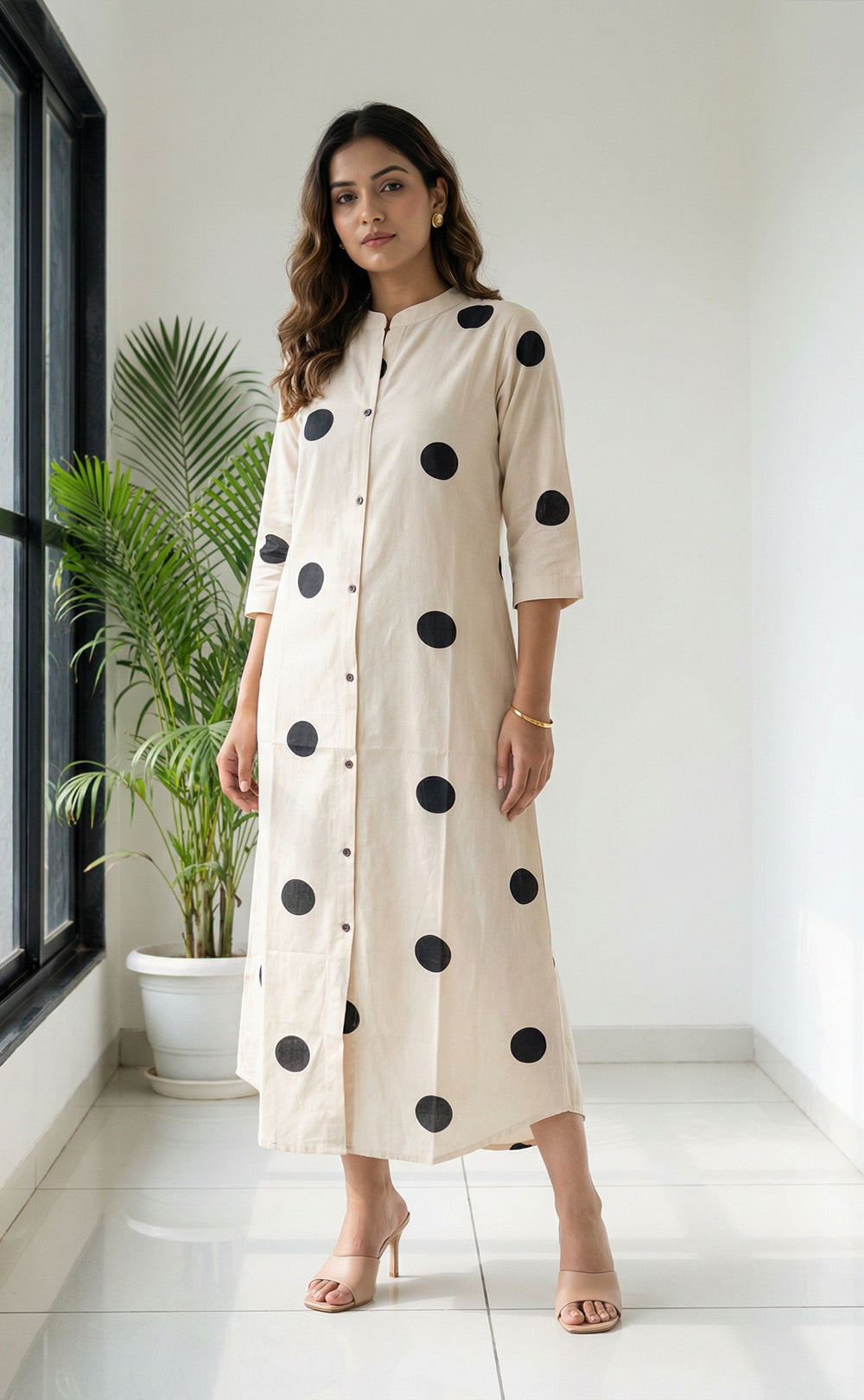 Half White Rayon All-Over Bold Black Dots Print Front Buttons Straight Kurti
