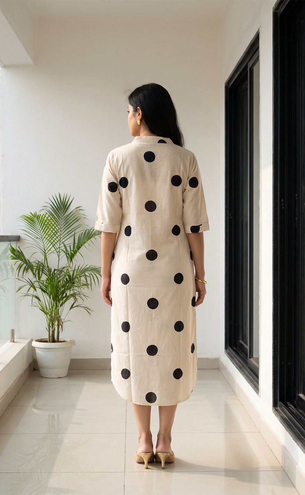 Half White Rayon All-Over Bold Black Dots Print Front Buttons Straight Kurti