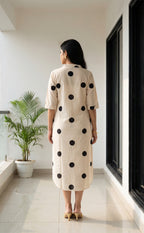 Half White Rayon All-Over Bold Black Dots Print Front Buttons Straight Kurti