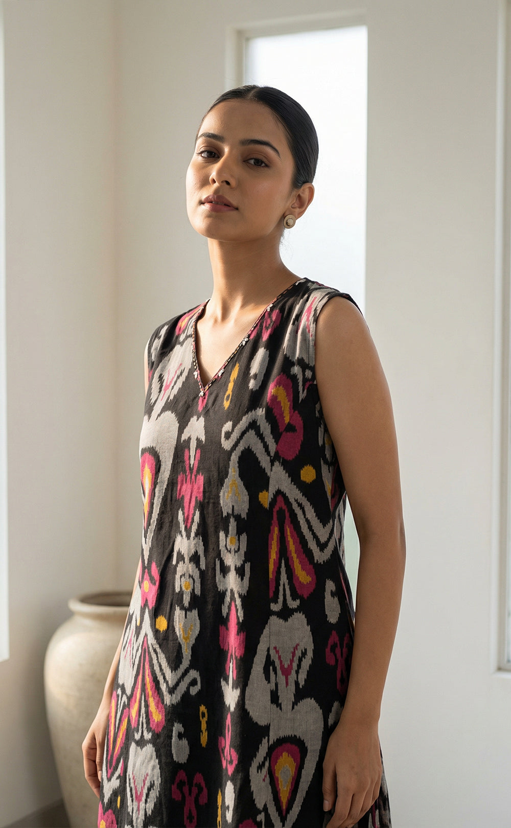 Black Cotton Digital Ikkat Print Co-ord Set