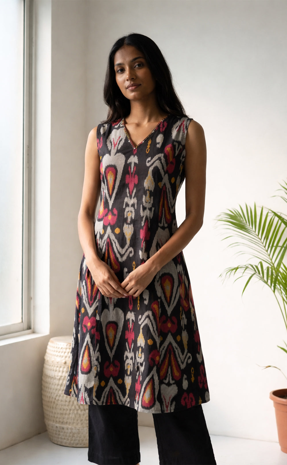 Black Cotton Digital Ikkat Print Co-ord Set