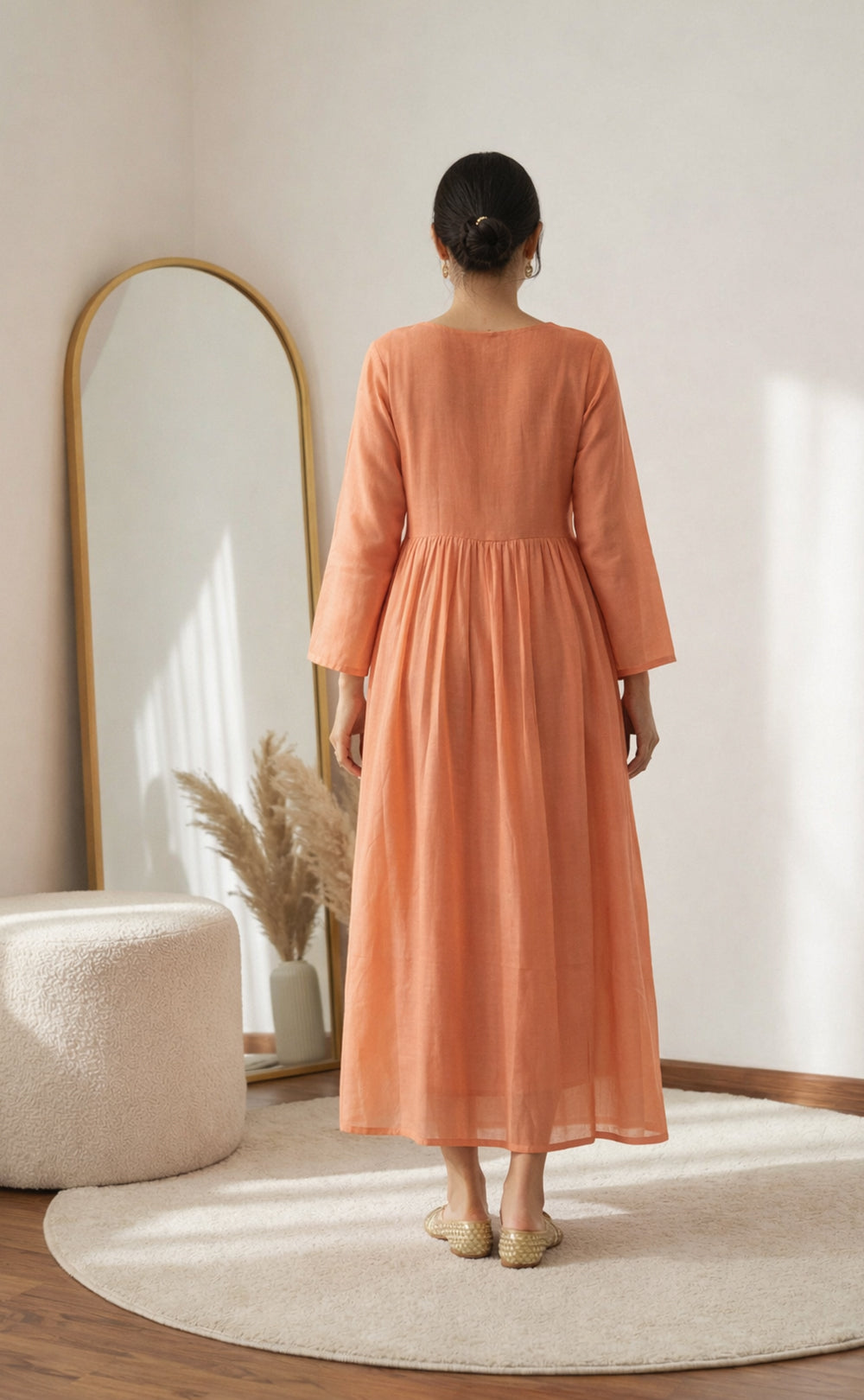 Peach Mal Chanderi thread work A-line Pleating work Flair Kurti