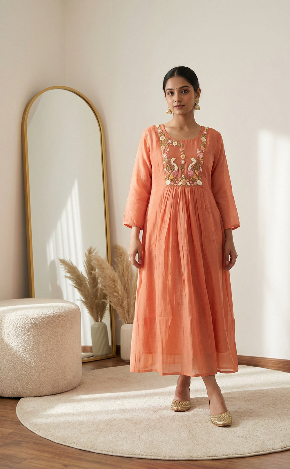 Peach Mal Chanderi thread work A-line Pleating work Flair Kurti