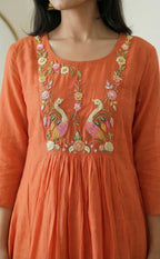 Peach Mal Chanderi thread work A-line Pleating work Flair Kurti