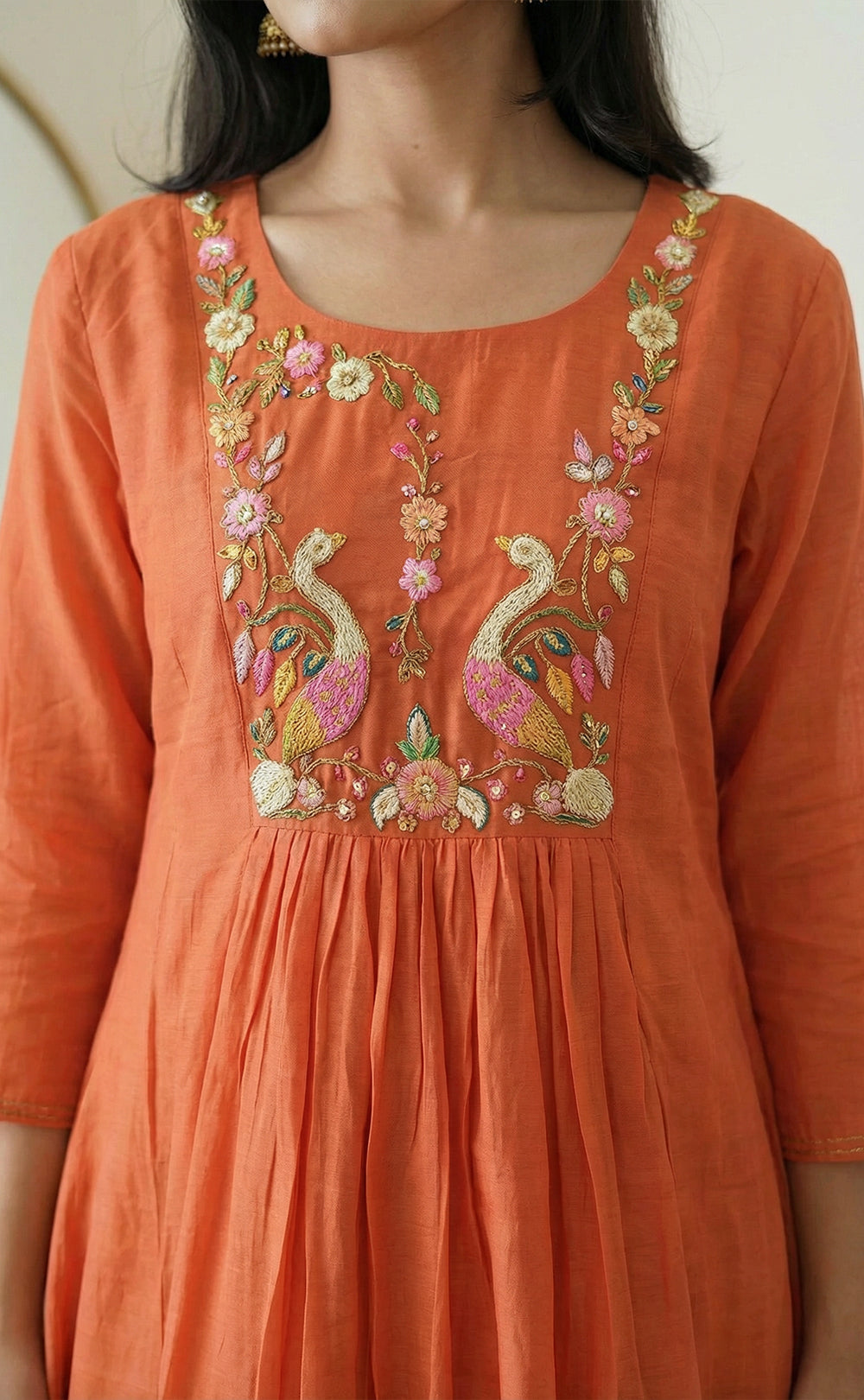 Peach Mal Chanderi thread work A-line Pleating work Flair Kurti
