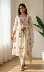 White Mal Chanderi thread work Ghera model Kurti Set with Brush paint Dupatta