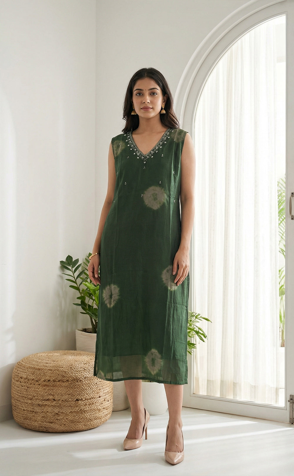 Green Georgette Shibori printed Straight Kurti