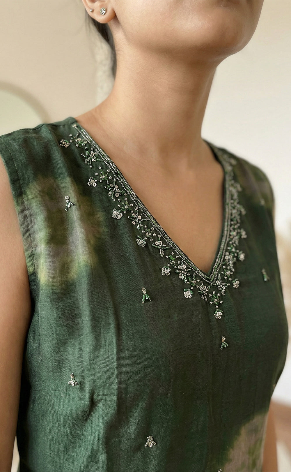 Green Georgette Shibori printed Straight Kurti