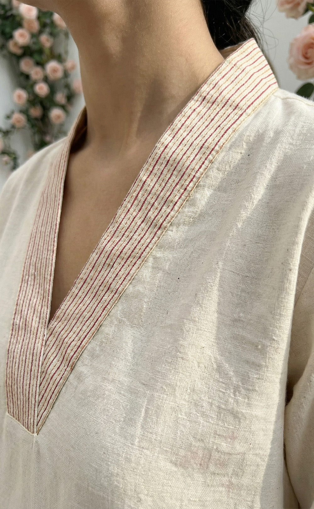 Half White Cotton Co-ord Set with Floral thread work