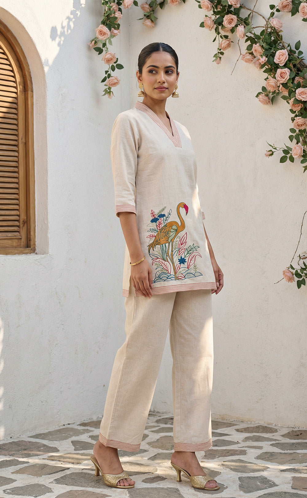 Half White Cotton Co-ord Set with Floral thread work