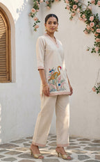 Half White Cotton Co-ord Set with Floral thread work