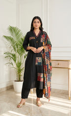 Black Cotton Kalamkari Patch Work Kurti Set