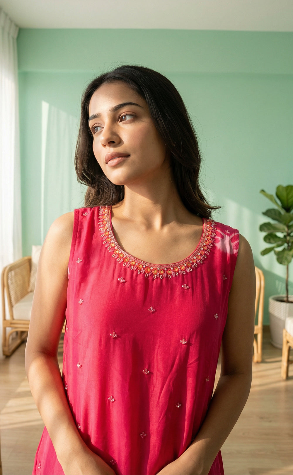 Pink Fancy Shibori printed Chamki work Straight Kurti