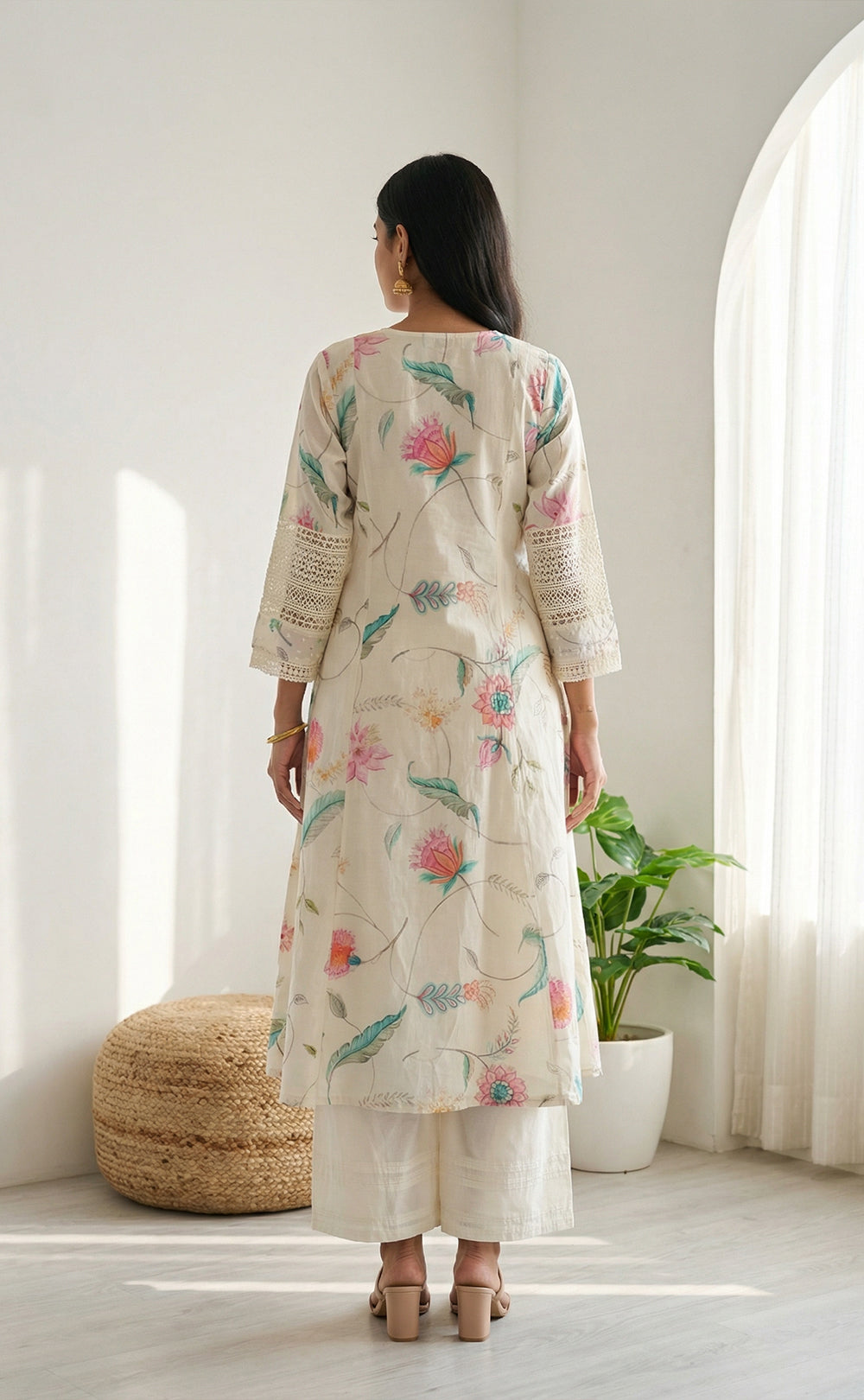 White cotton Kurti Set with Chiffon work V-neck design and digital printed Dupatta