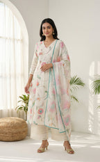 White cotton Kurti Set with Chiffon work V-neck design and digital printed Dupatta