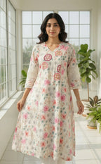 White Cotton Kurti Set with Chiffon work V-neck design and digital printed Dupatta