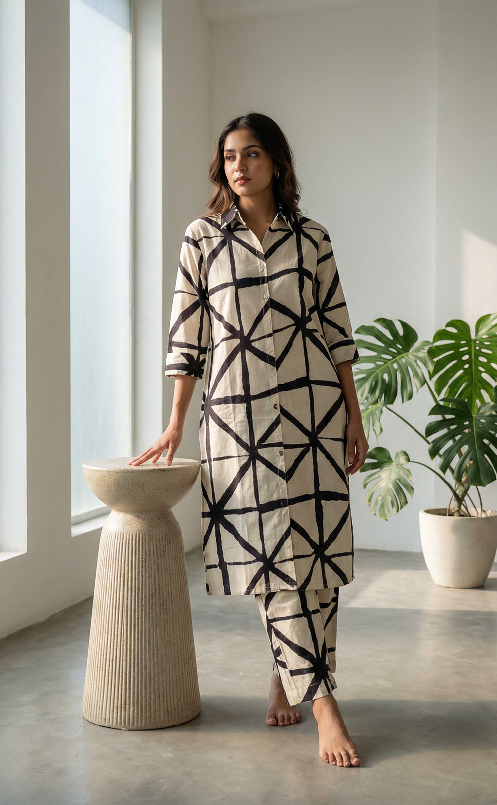White Cotton Black Geometric Print Co-ord Set
