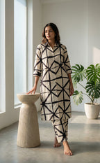 White Cotton Black Geometric Print Co-ord Set