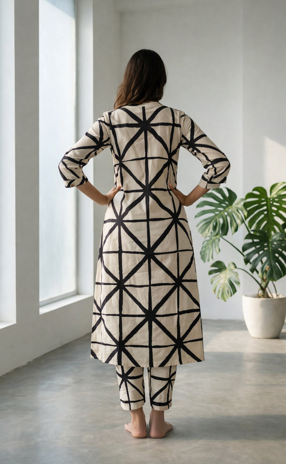 White Cotton Black Geometric Print Co-ord Set