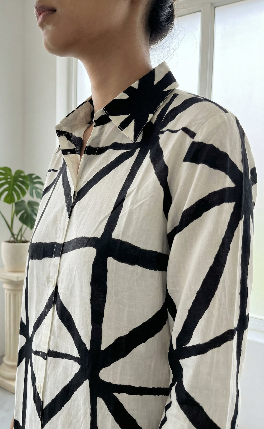 White Cotton Black Geometric Print Co-ord Set