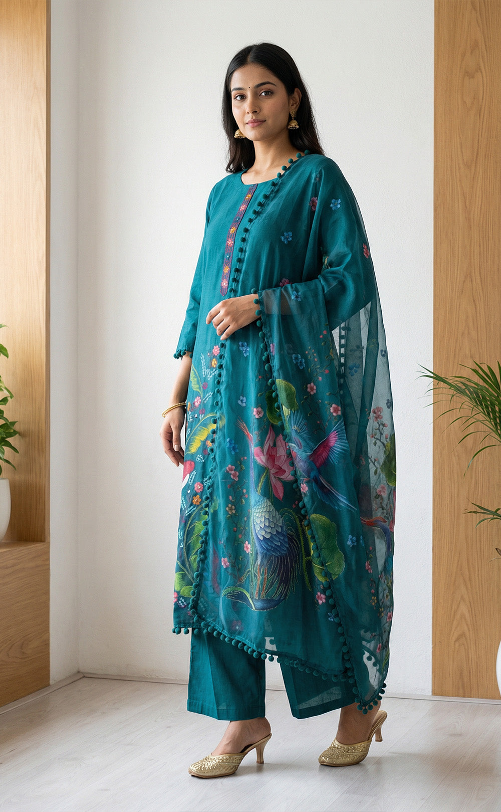 Rama Blue Roman Silk Brush paint with Knot work and Organza Dupatta