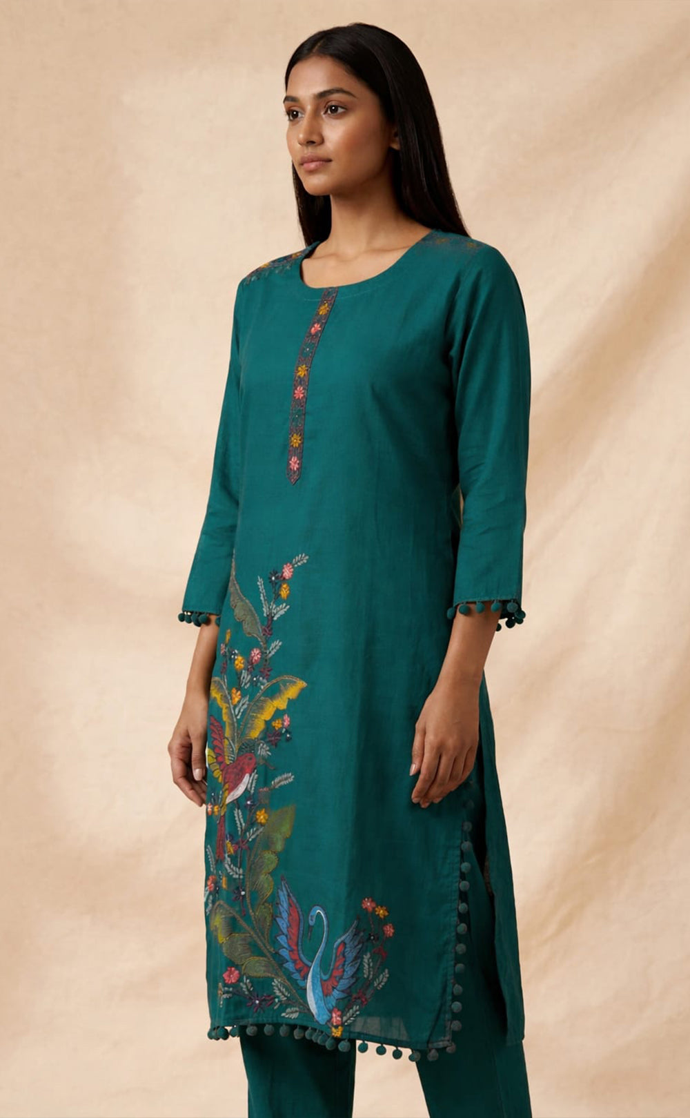 Rama Blue Roman Silk Brush paint with Knot work and Organza Dupatta
