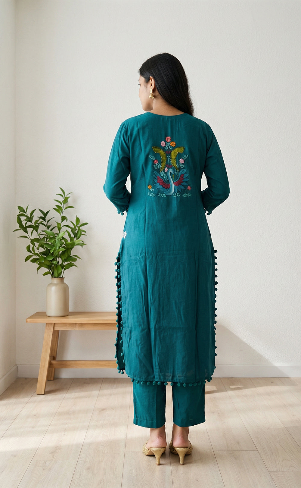 Rama Blue Roman Silk Brush paint with Knot work and Organza Dupatta