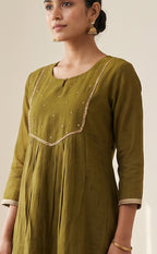 Olive Green Mul Chanderi Beats Work Kurti Set