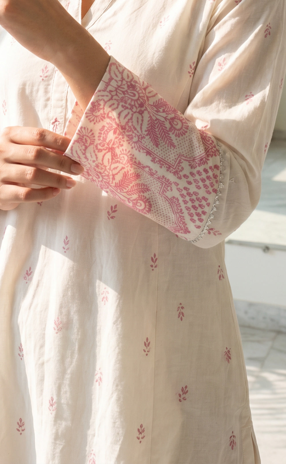 White Cotton Pink All-Over Printed Kurti Set