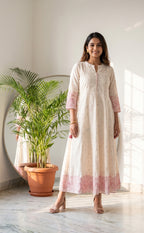 White Cotton Pink All-Over Printed Kurti Set
