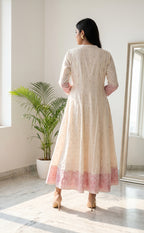 White Cotton Pink All-Over Printed Kurti Set