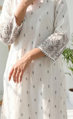 White Cotton Black All-Over Printed Kurti Set