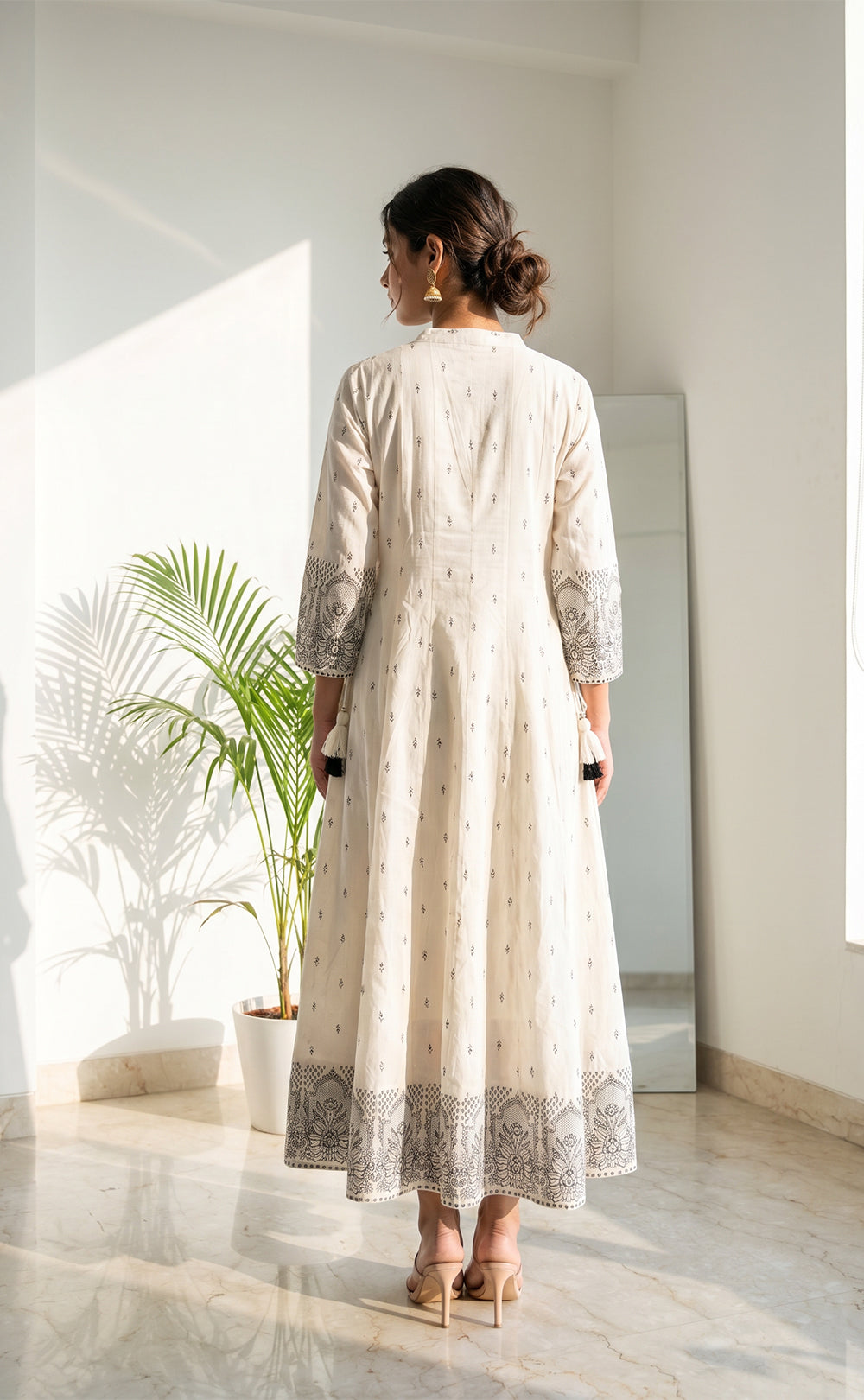 White Cotton Black All-Over Printed Kurti Set