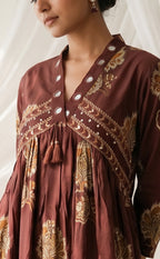 Brown Cotton All-Over Floral Print And Mirror Work Kurti Set