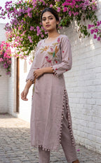 Grey Roman Silk Brush Paint Kurti Set