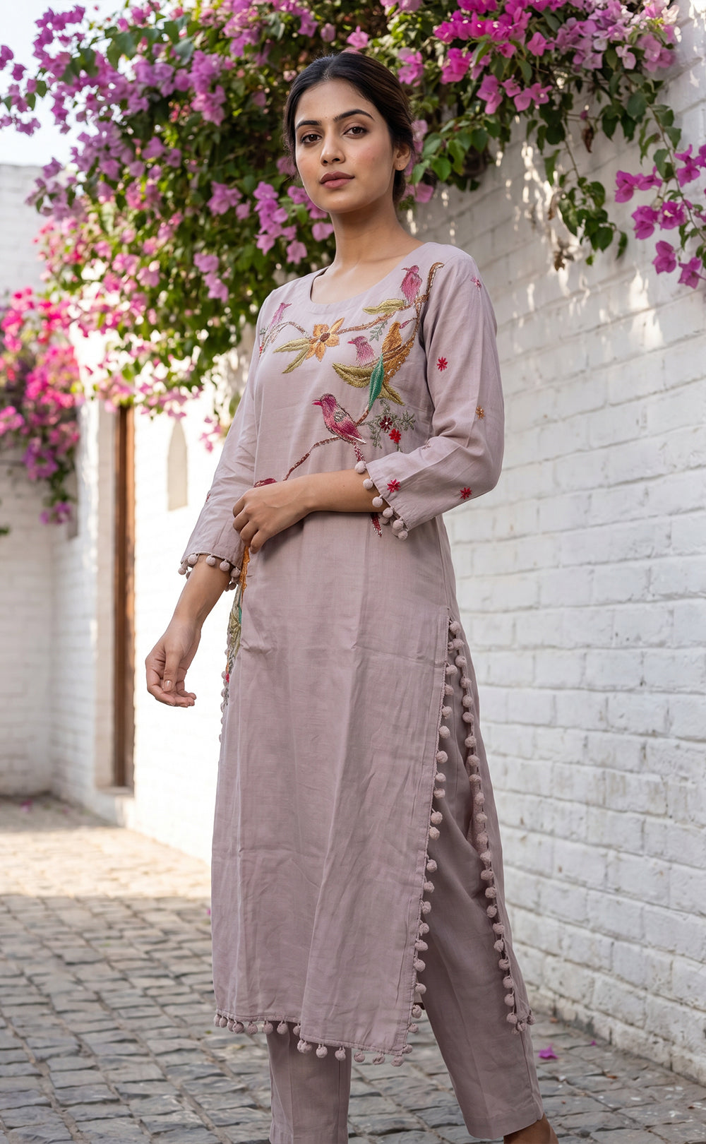 Grey Roman Silk Brush Paint Kurti Set