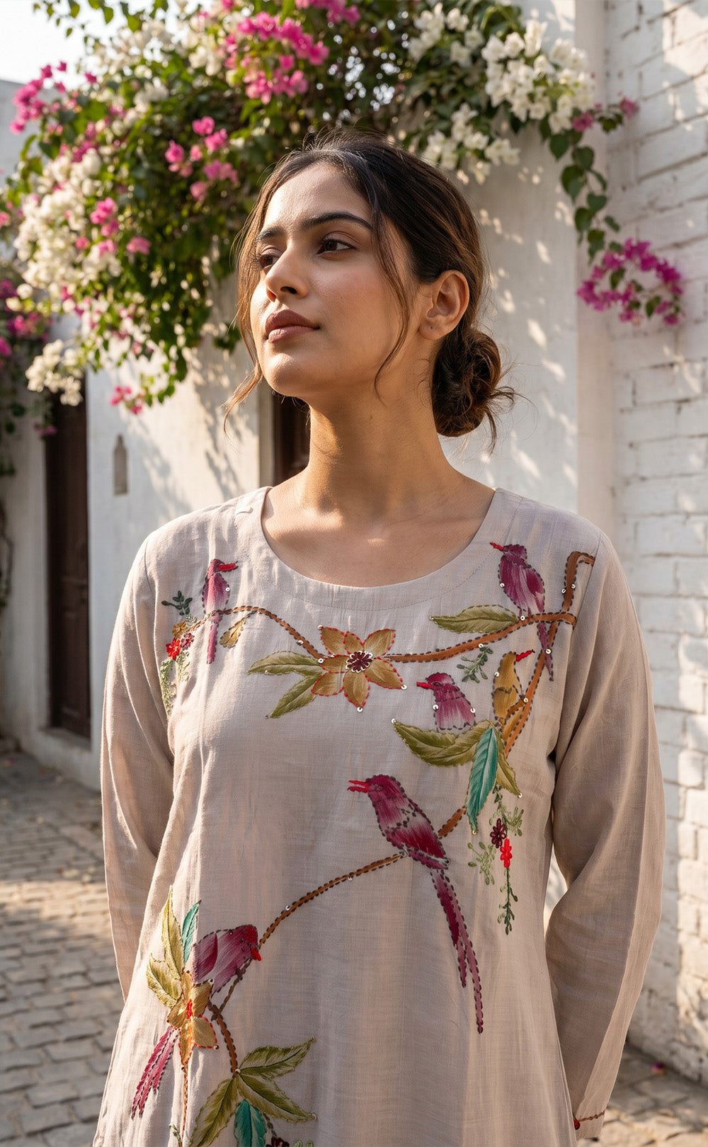 Grey Roman Silk Brush Paint Kurti Set