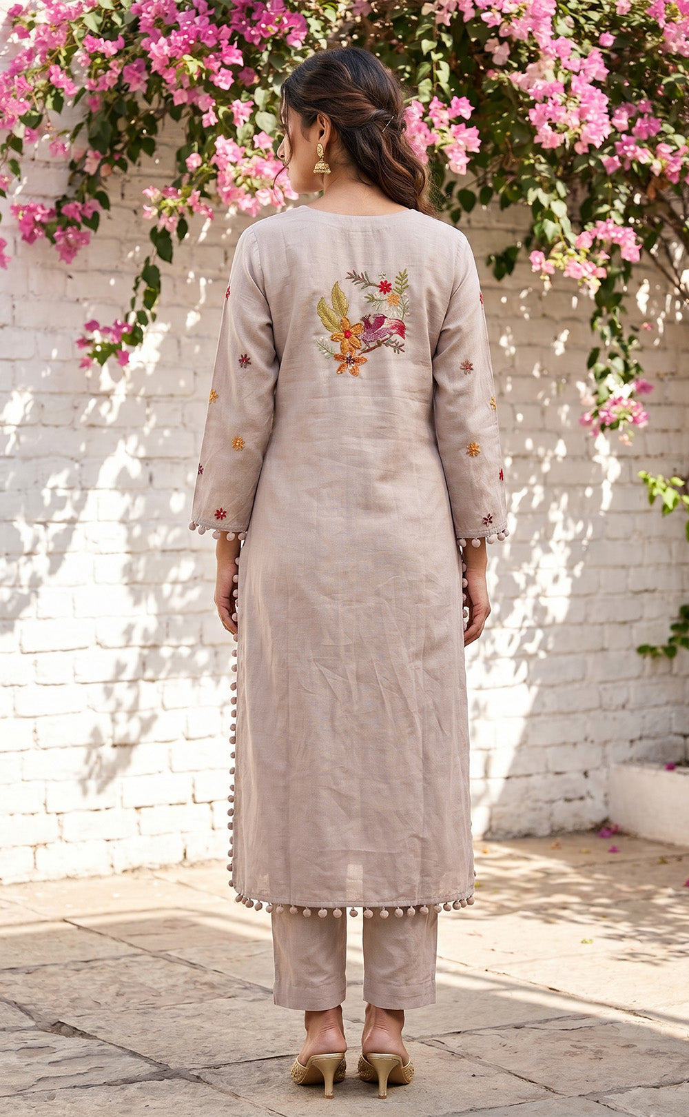Grey Roman Silk Brush Paint Kurti Set