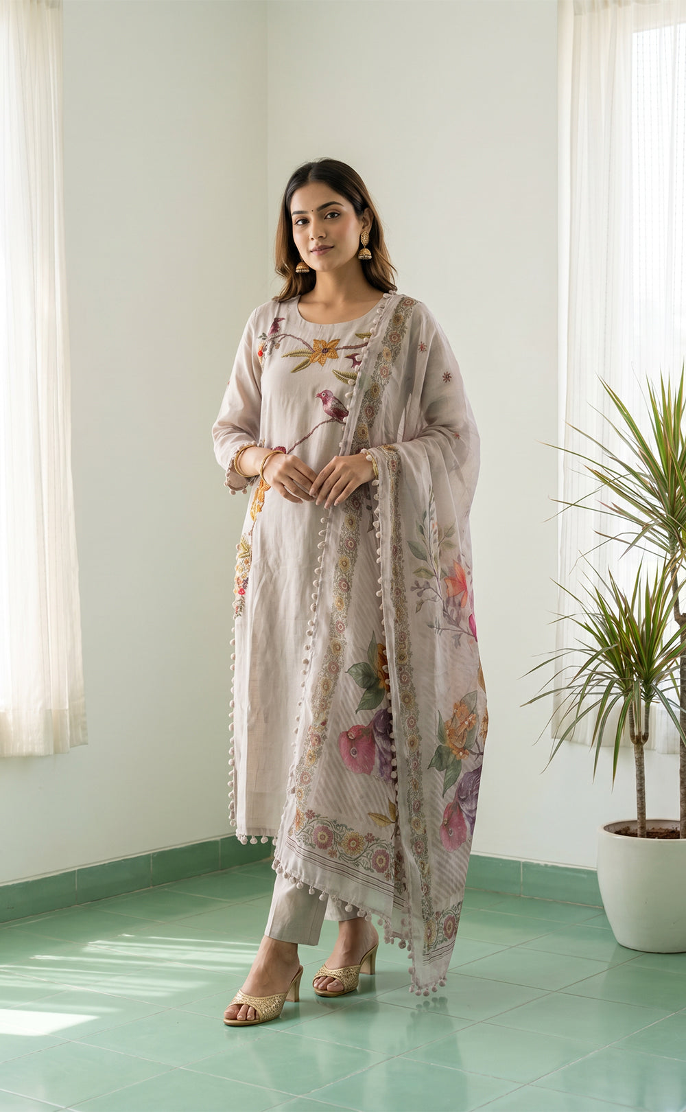Grey Roman Silk Brush Paint Kurti Set