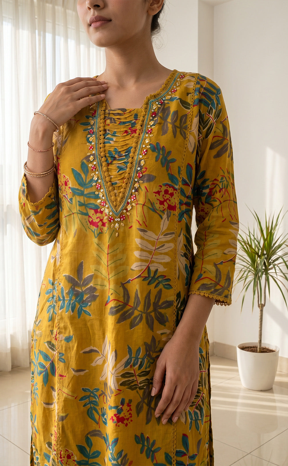 Mustard Yellow Cotton All-Over Floral Print Kurti Set