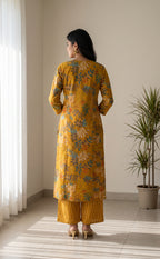 Mustard Yellow Cotton All-Over Floral Print Kurti Set