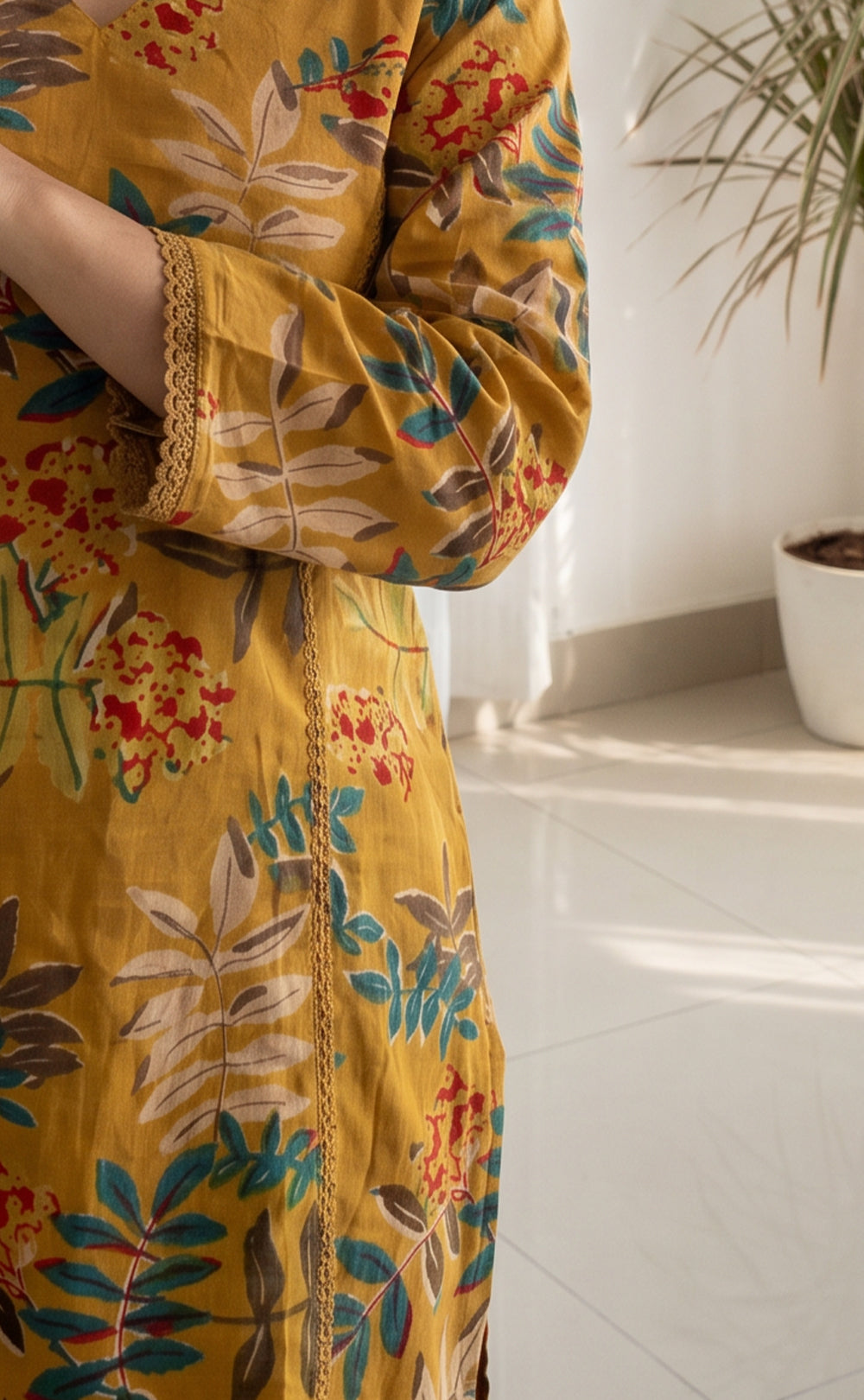 Mustard Yellow Cotton All-Over Floral Print Kurti Set