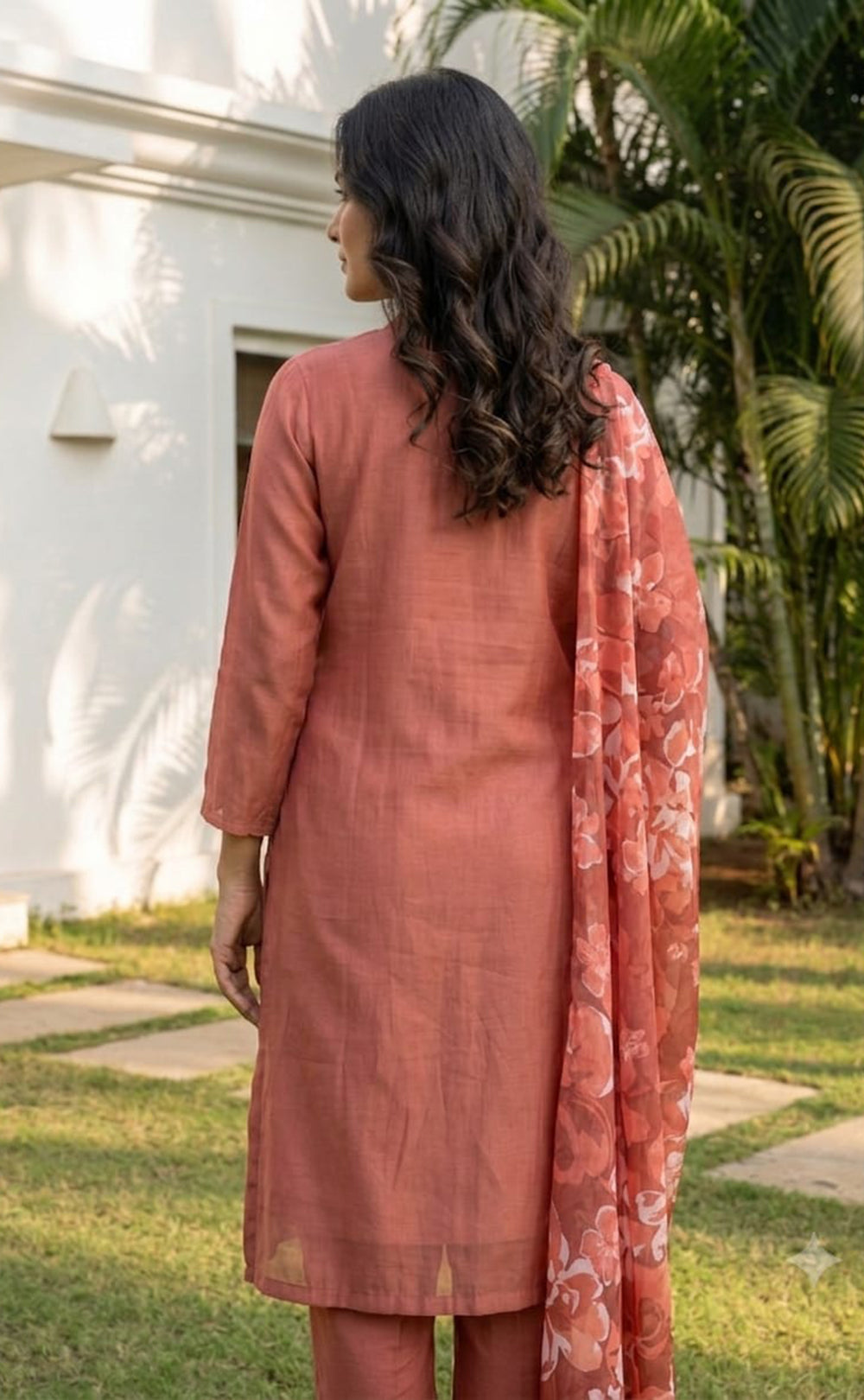 Peach Cotton Perls Work Kurti Set