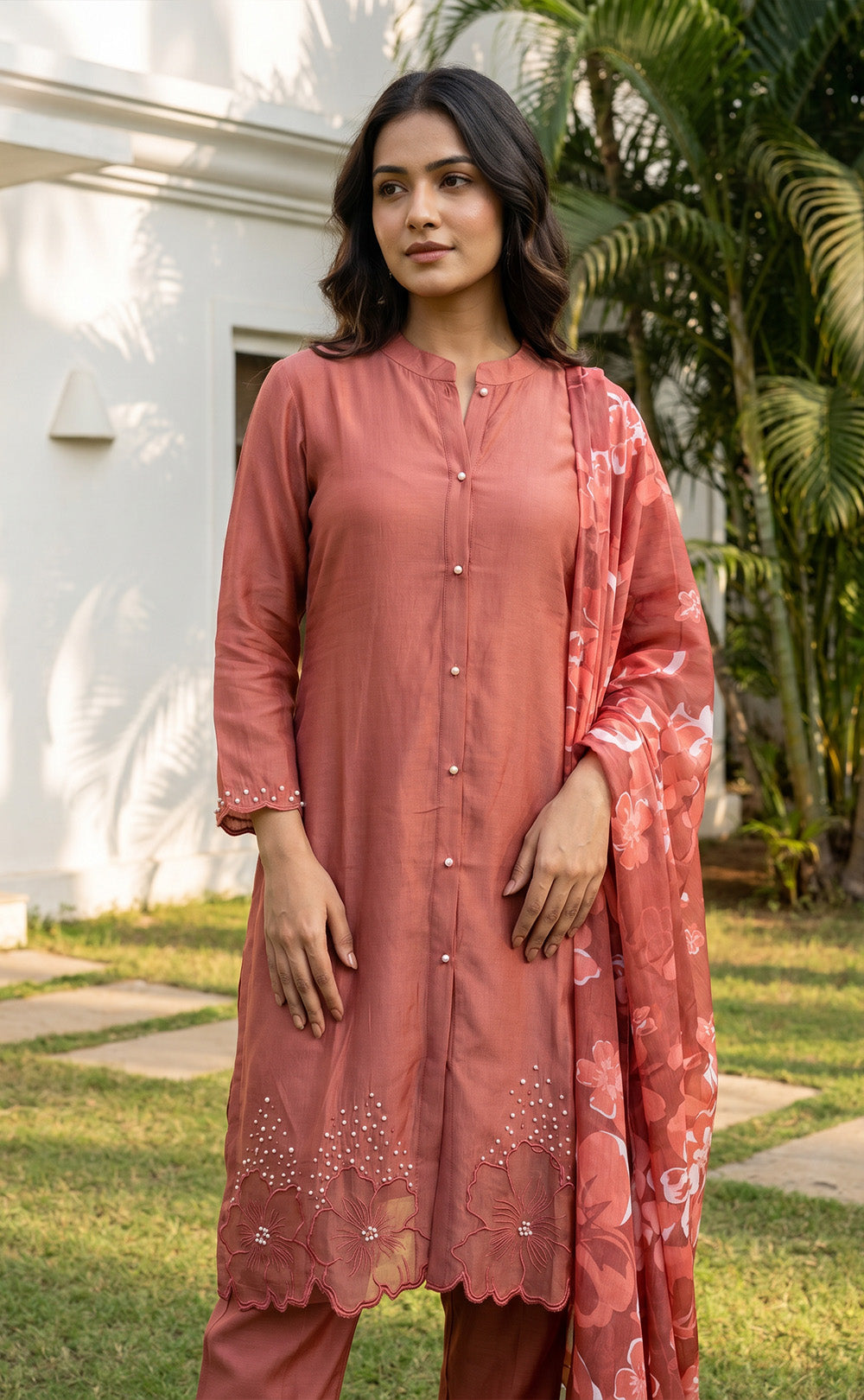 Peach Cotton Perls Work Kurti Set