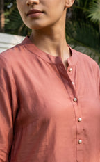 Peach Cotton Perls Work Kurti Set