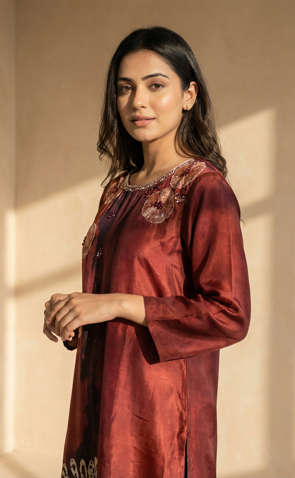 Maroon Silk Muslin Shibori print Indo Western Co-ord Set