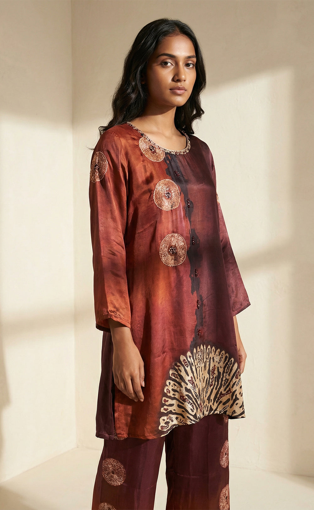 Maroon Silk Muslin Shibori print Indo Western Co-ord Set