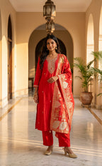 Red Fancy Beats Embroidery work Kurti set